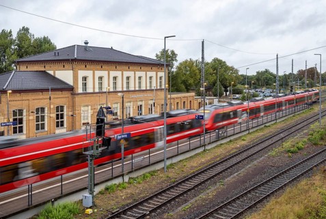 Railway station with station building and regional railway. Bad Belzig, Brandenburg, Germany,
