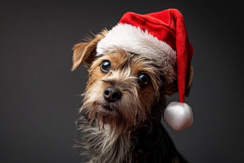 Cute dog with red santa hat in front of dark studio background. Generative Ai, AI generated
