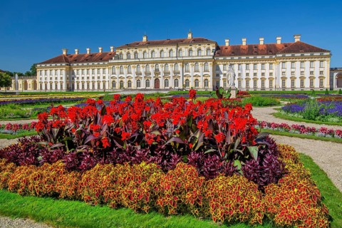 Garden parterre with flowerbeds in front of the New Palace in the Schleissheim Palace complex,