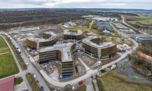 IBM construction project in Ehningen, aerial view. Large construction site Technology Campus. Once