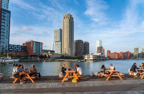 View of the skyline of Rotterdam, from the Fenix Food Factory, market hall and restaurants, on the