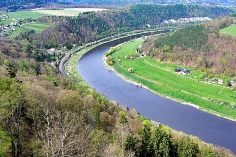 View over the Elbe River from the Konigstein fortress on top of the Elbe sandstone mountains,