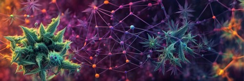 Abstract painting of chemical structure of thc and cbd interlocking geometric shapes, AI generated