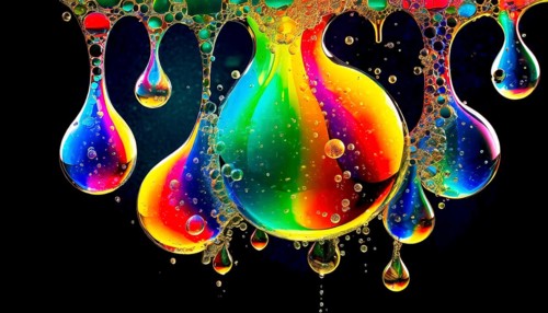 Colourful iridescent plastic drops and bubbles filled with oily liquids, 3D, digital art, AI