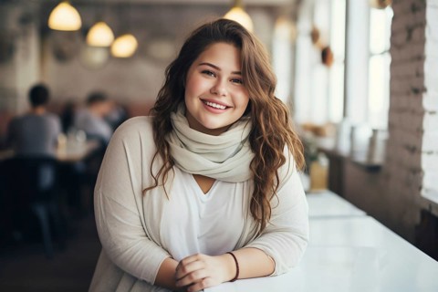 Happy smiling curvy plus size woman in restaurant. KI generiert, generiert AI generated