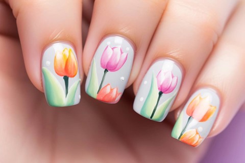 Close up of woman's fingernails with beautiful spring tulip flower nail art design. KI generiert,