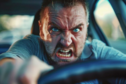 Angry, unnerved, aggressive, screaming man sitting behind the wheel, symbolic image for aggressive