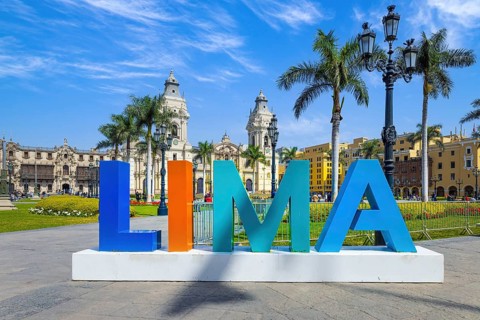 Lima, Peru, Archbishop Palace on colonial Central plaza Mayor or Plaza de Armas in historic center,