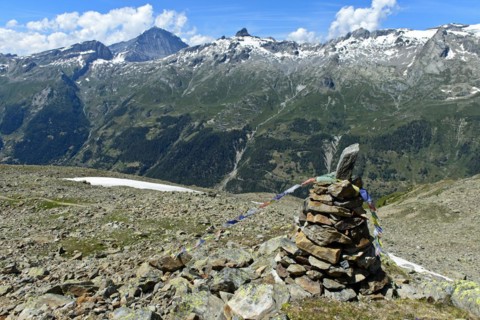 View from the Bietschhorn hut over the Lötschental to the Lötschen Pass with the Balmhorn and