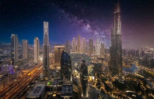 UAE, Dubai panoramic skyline view of city downtown and Dubai Mall