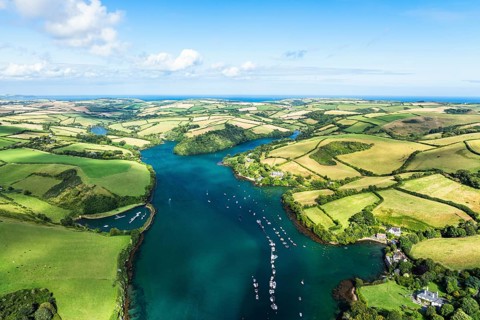 Salcombe and Mill Bay over Kingsbridge Estuary from a drone, Batson Creek, Southpool Creek, Devon,