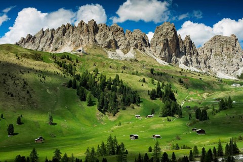 Huts on the Gardena Pass, Passo Gardena, Puez-Geisler nature park Park, Dolomites, Selva di Val