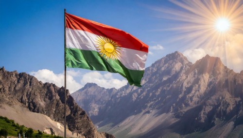 The flag of Kurdistan flutters in the wind