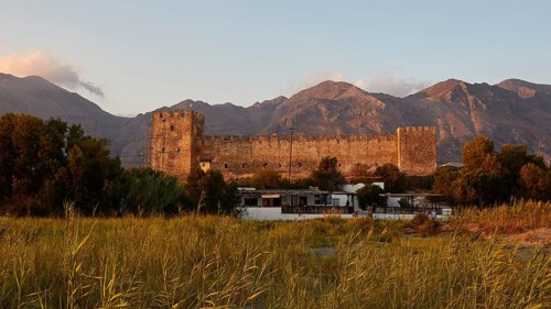 Evening light, Whole fortress, Mountains, Lefka Ori, Taverna, Reed grass, Reed, Frangokastello,