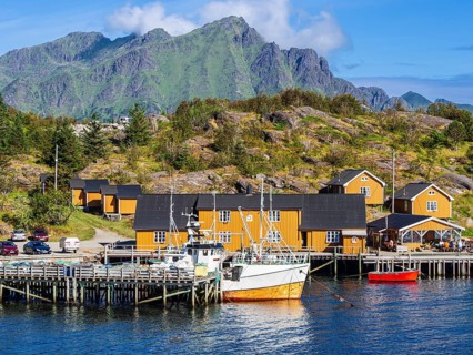 Youth hostel Stamsund, located in traditional fishermans houses (rorbu) at the seaside, Lofoten,
