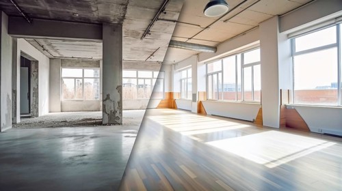 Large industrial office building before and after cleanup and construction, generative AI, AI