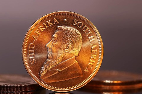 Close-up of Krugerrand gold coins