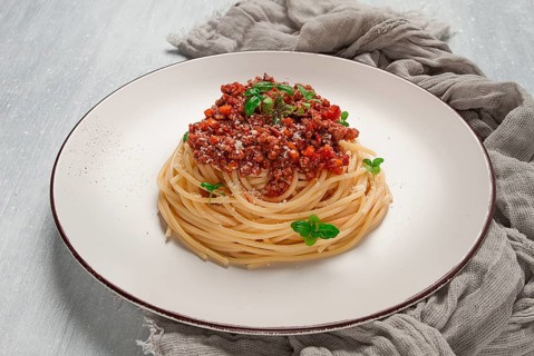 Spaghetti Bolognese, top view, close-up, no people, homemade