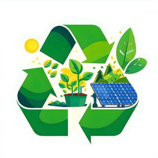 Recycling symbol morphing into growing plants and solar cells to symbolize the transformation of