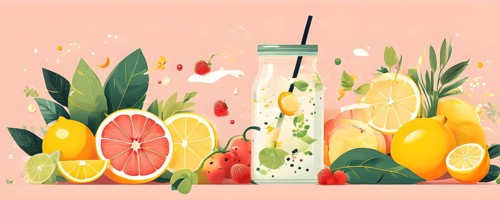Abstract wallpaper of smoothie surrounded by an assortment of fruits and vegetables, AI generated