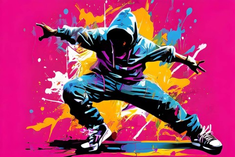 Illustration of a dynamic breakdancer mid action on a vibrant splash paint background, AI generated