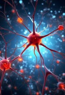 Visualization of neurons firing neurotransmitters in the synaptic gap, AI generated