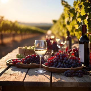 AI generated wine tasting table setup with wine and vine grapes nestled subtly amidst a thriving