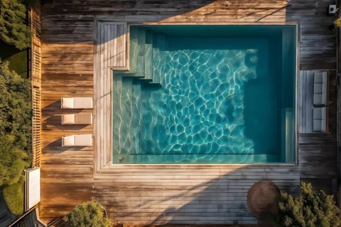 AI generated aerial view perpendicular top down of an wooden deck with a swimming pool at daylight