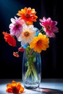 Transparent crystal glass vase with vibrant blooming flowers, AI generated