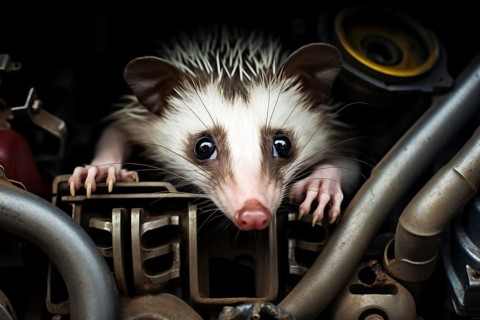 Opossum inside car engine. AI generated