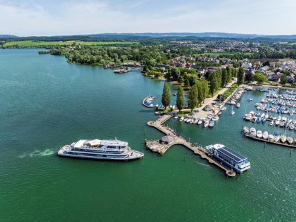 The yacht harbour, marina, harbour of Unteruhdlingen, Uhldingen-Mühlhofen with the passenger ship
