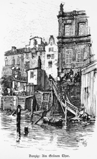At the Green Gate, Gdansk or Gdansk, Baltic Sea, Poland, city gate, wooden stairs, rowing boat,