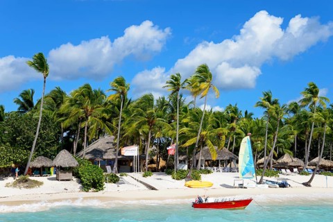 A sunny tropical beach with palm trees, boats and huts under a blue sky, catamaran, Dominicus