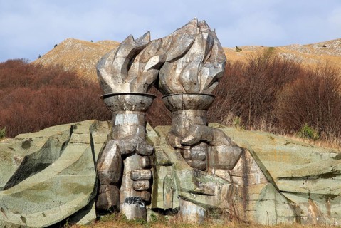 Burning torch sculpture Buzludzha monument former communist party headquarters, Bulgaria, eastern