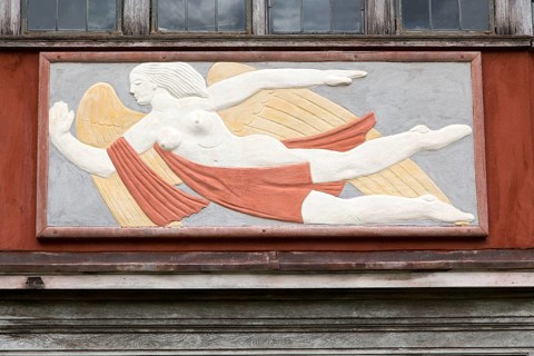 Pargeting plasterwork figure of a flying angel, Wyken Hall, Suffolk, England, UK