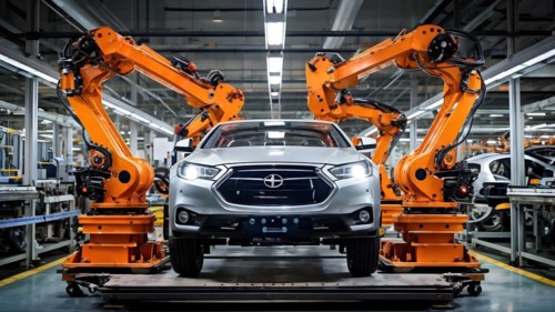 AI generated automotive assembly line in car manufacturing progression with automated machines