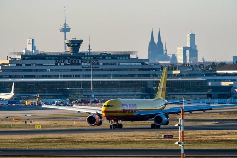 DHL Airbus A330-243F, cargo aircraft landing at Cologne-Bonn Airport, North Rhine-Westphalia,