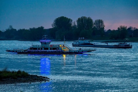 Car and passenger ferry, Rhine ferry Langst-Kaiserswerth, across the Rhine, Düsseldorf, North