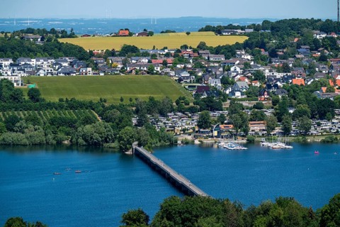 Lake Möhne, reservoir in the northern Sauerland, northern shore, the village of Körbecke, Körbecker