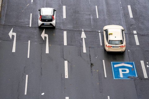 City centre road, 5 lanes at a traffic light junction, for different directions of travel, North