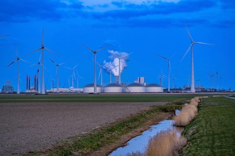 Vopak tank terminal in the industrial harbour of Eemshaven, RWE coal-fired power plant