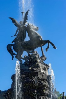 Fountain figure, winged goddess Fama riding a horse, Fama fountain, Famabrunnen, fountain,