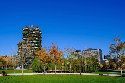 Bosco Verticale, twin tower, green tower block with trees and shrubs, high-rise buildings,