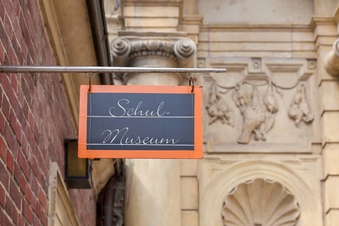 School museum sign at Ahaus Castle, Münsterland, North Rhine-Westphalia, Germany, Europe