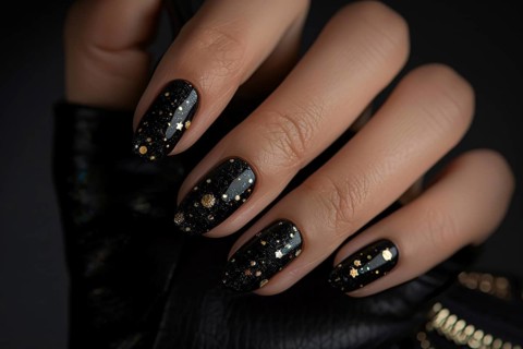 Woman's fingernails with nail polish art design with golden stars on dots on black base. Generative