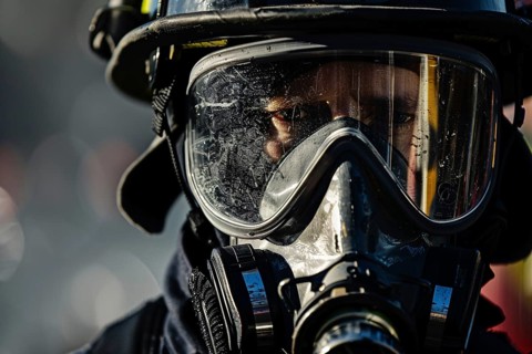 Face of male firefighter with helmet. Generative Ai, AI generated