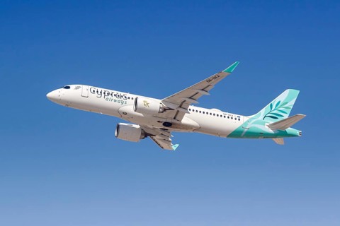 A Cyprus Airways Airbus A220-300 aircraft with registration number 5B-DEA at Dubai Airport, United