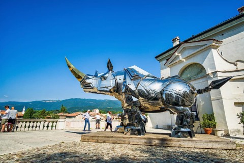 King Kong Rhino, steel sculpture, Palazzo Sturm, Bassano del Grappa, Veneto, Italy, Europe