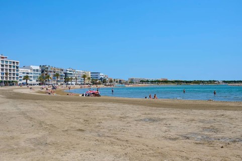 A sunny, sandy seafront promenade with people, palm trees and modern buildings along the coast, Le