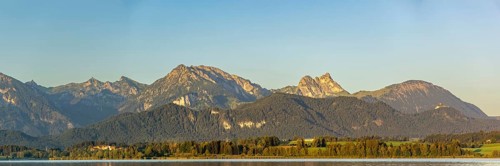 Panorama over the Hopfensee, Ostallgäu, behind it the Tannheimer mountains with the Aggenstein,